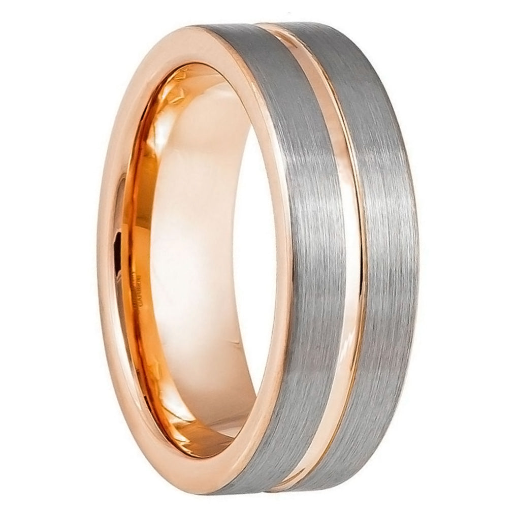 Alliance en tungstène pour homme avec rainure et intérieur en or rose