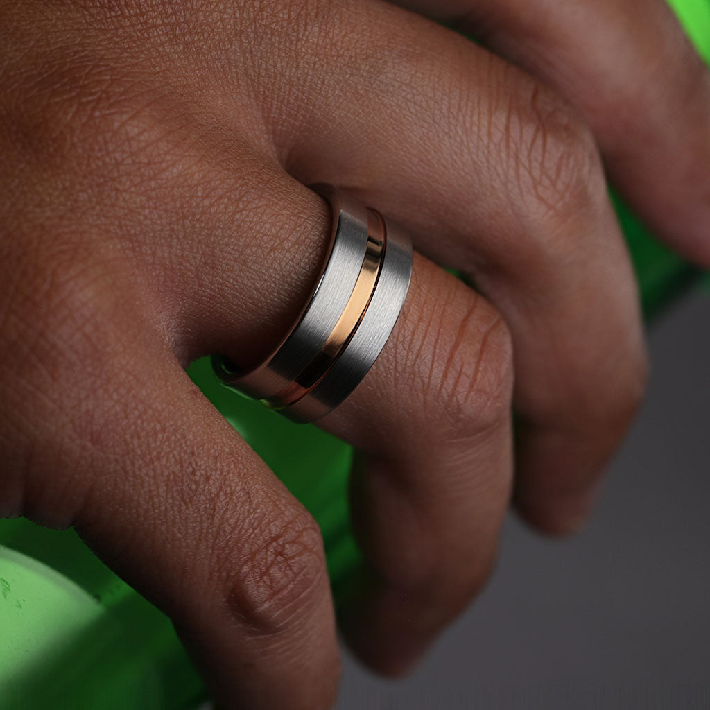 Rose Gold Grooved Brushed Tungsten Couple's Matching Wedding Band Set