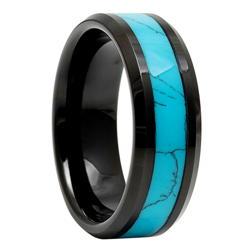 Alliance pour homme en tungstène noir incrusté de turquoise