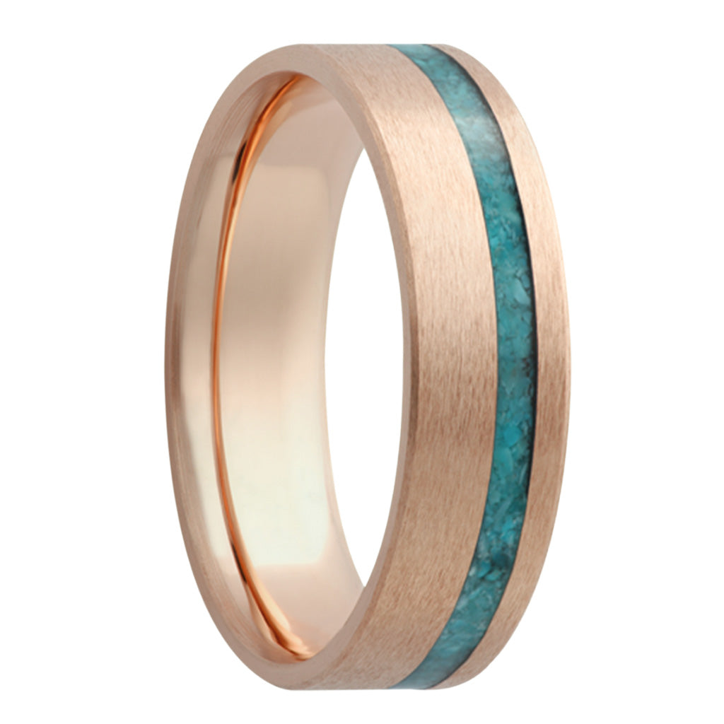 Turquoise Inlay Satin Finish 14k Gold Wedding Band