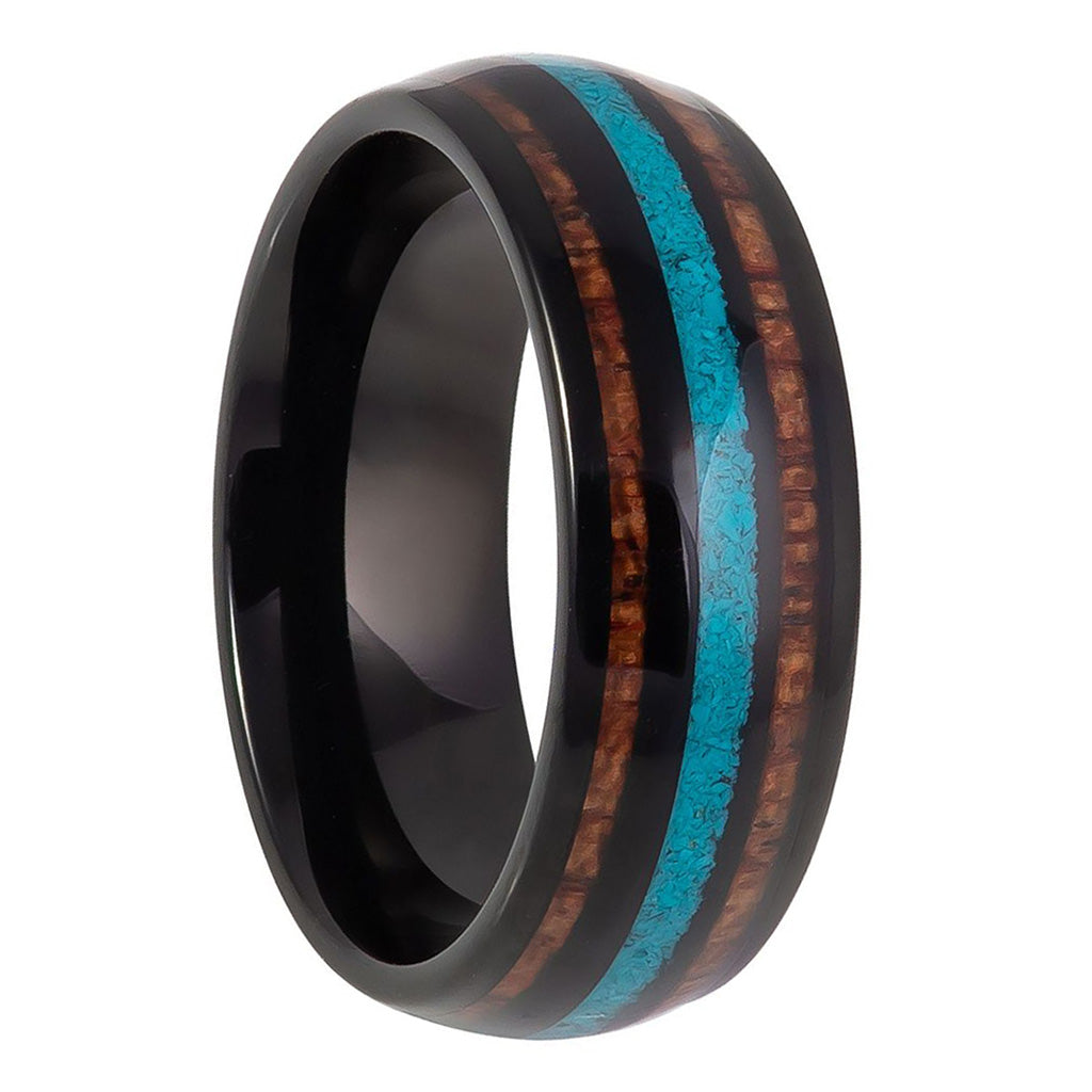 Turquoise & Koa Wood Inlay Black Tungsten Women's Wedding Band