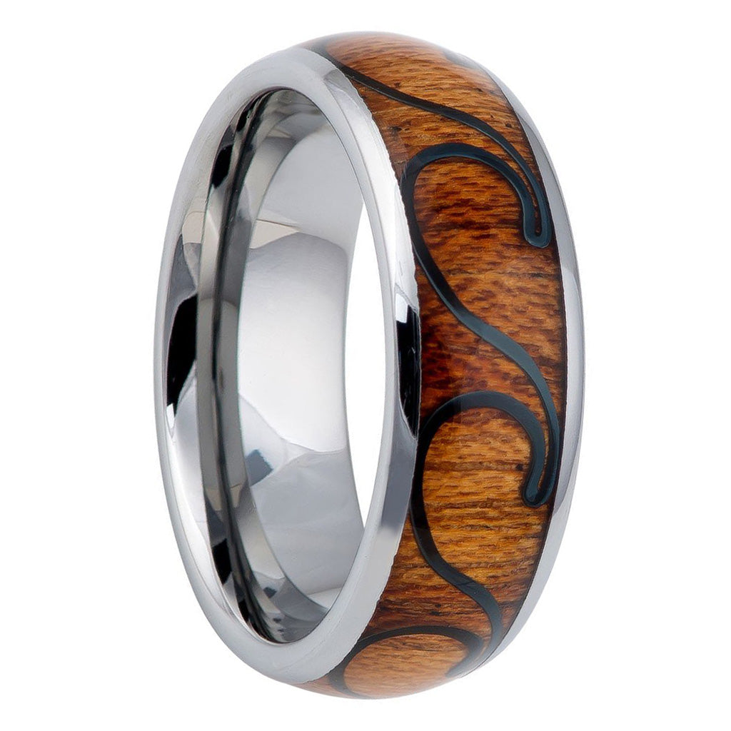 Wave Pattern Wood Inlay Men's Tungsten Wedding Band