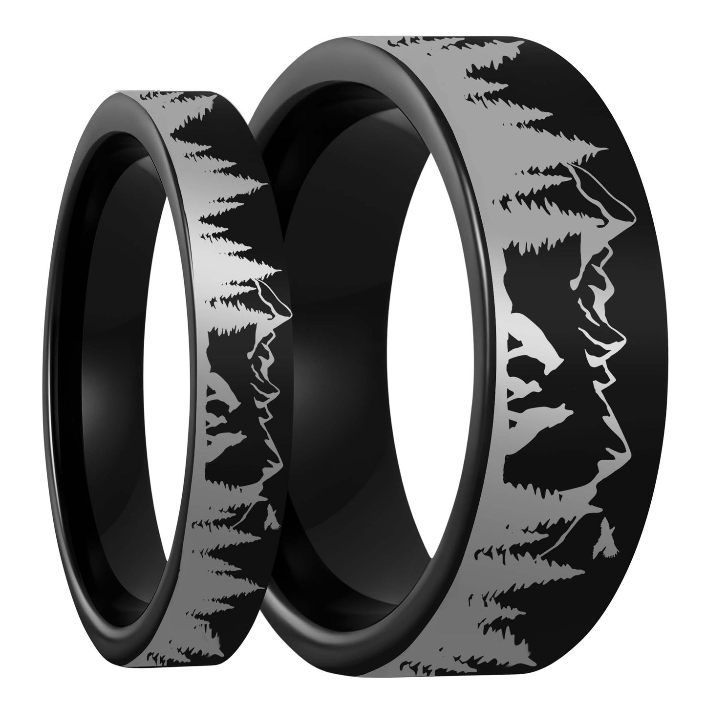 Wolf Landscape Scene Black Tungsten Couple's Matching Wedding Band Set