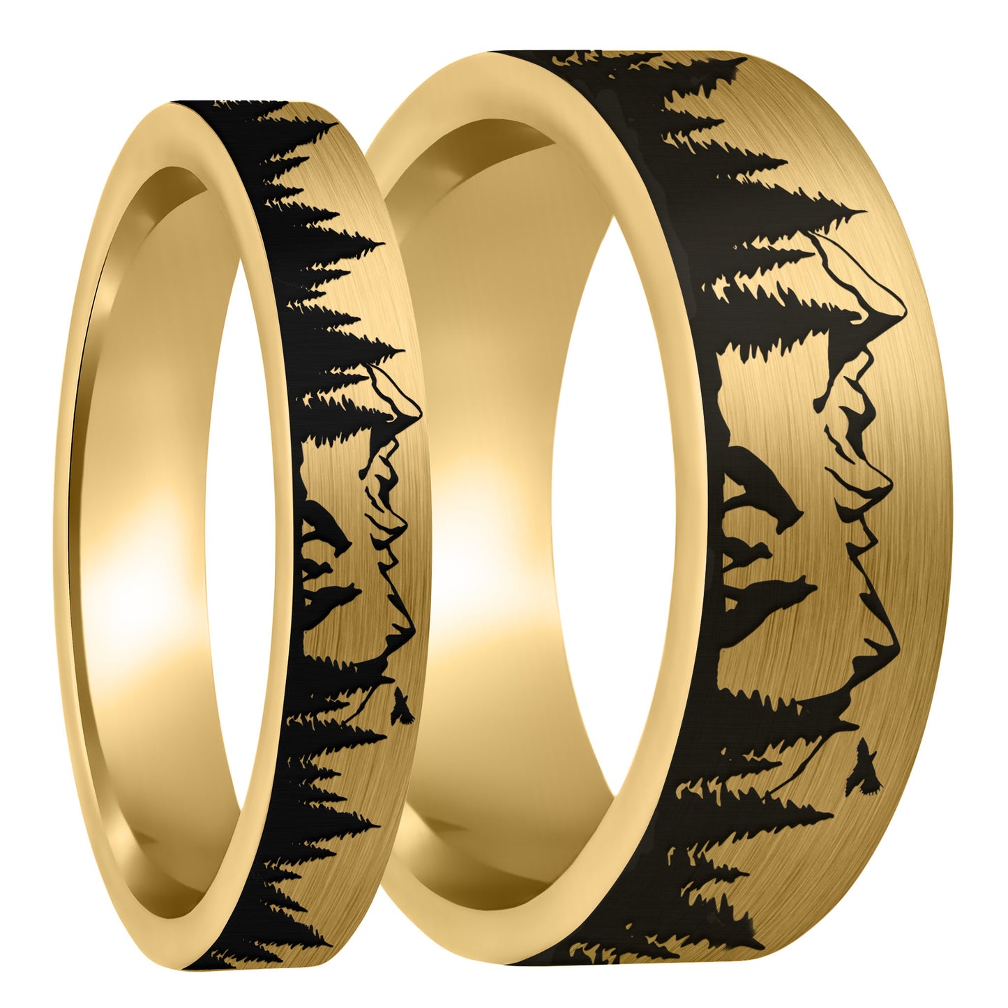 Wolf Landscape Scene Brushed Gold Tungsten Couple's Matching Wedding Band Set