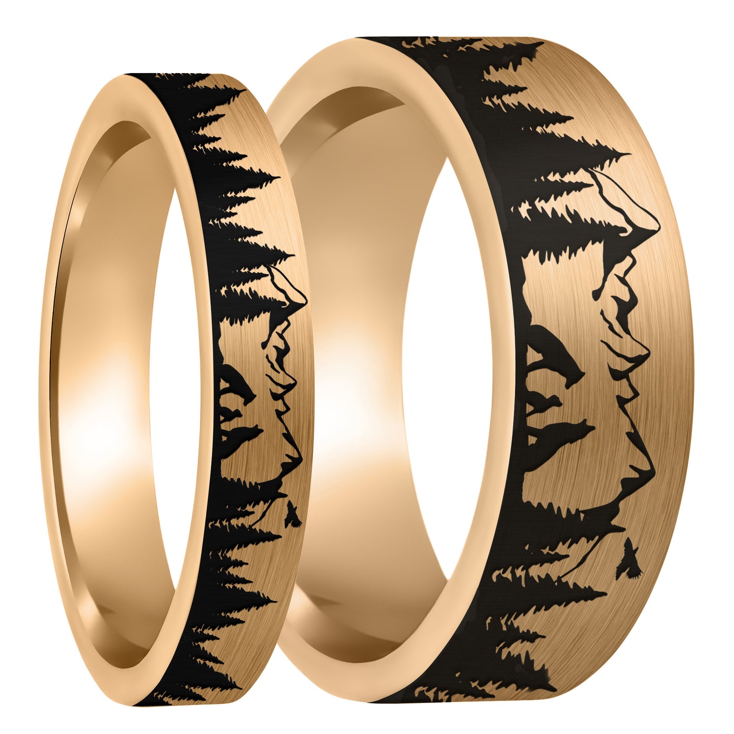 Wolf Landscape Scene Brushed Rose Gold Tungsten Couple's Matching Wedding Band Set