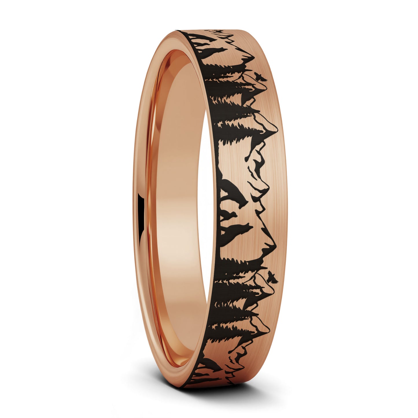 A wolf landscape scene brushed rose gold tungsten women's wedding band displayed on a plain white background.