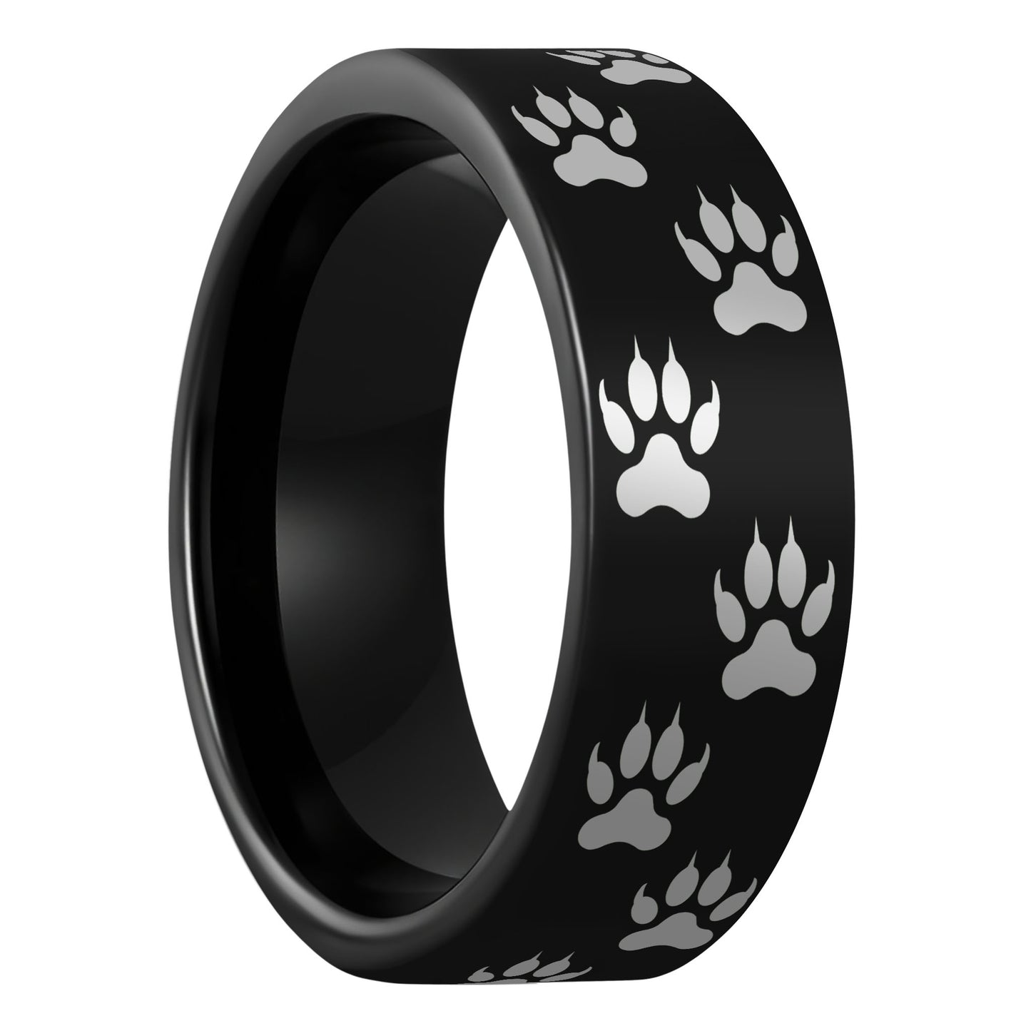 One Wolf Tracks Black Tungsten Men's Wedding Band displayed on a plain white background