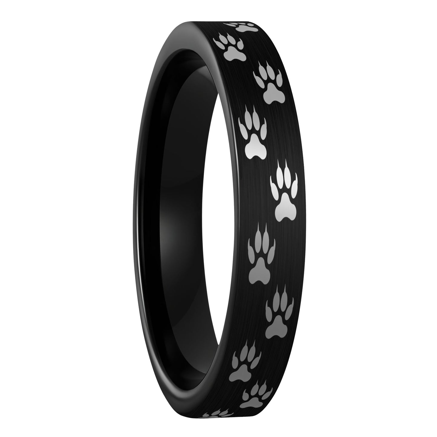 A wolf tracks brushed black tungsten women's wedding band displayed on a plain white background.