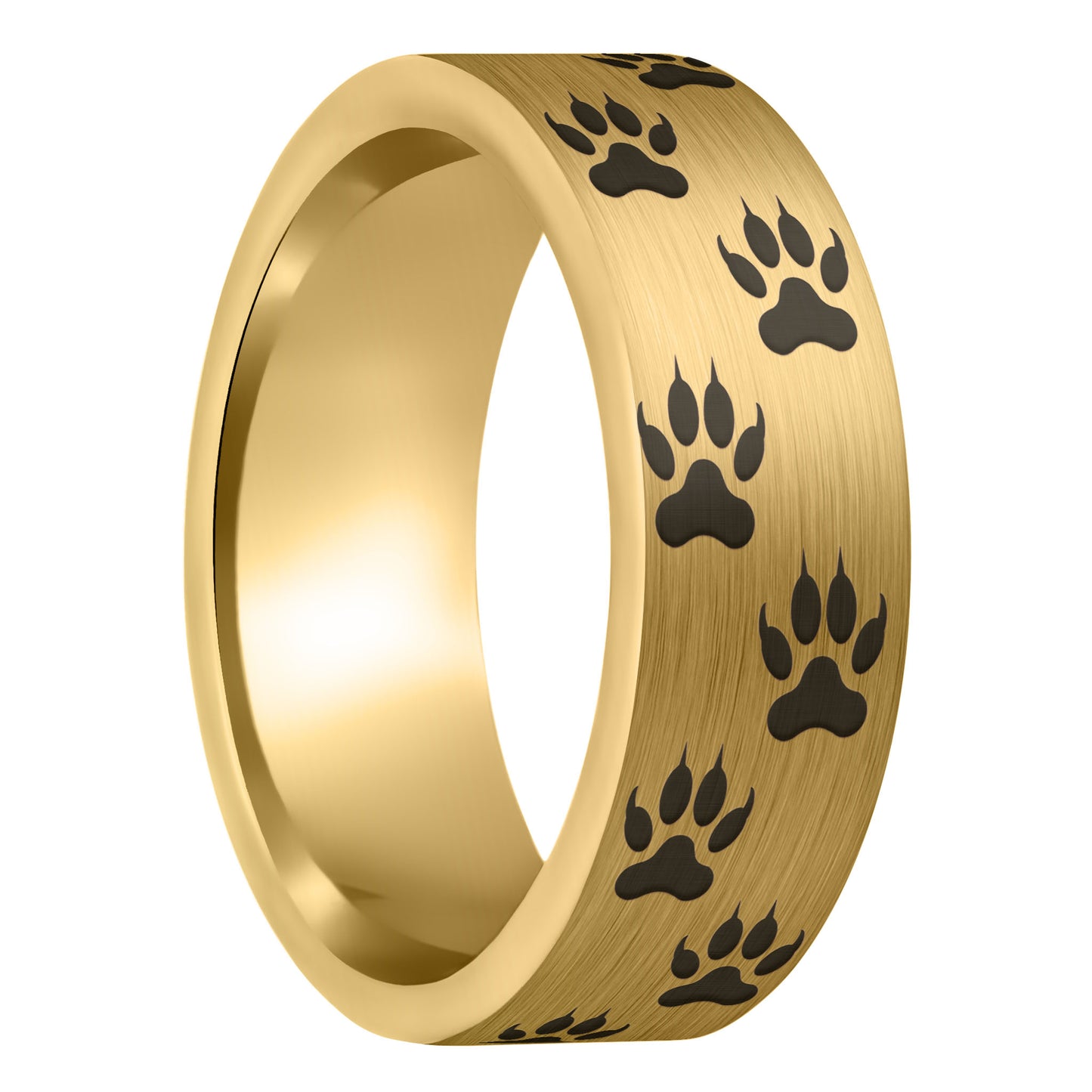 A wolf tracks brushed gold tungsten men's wedding band displayed on a plain white background.