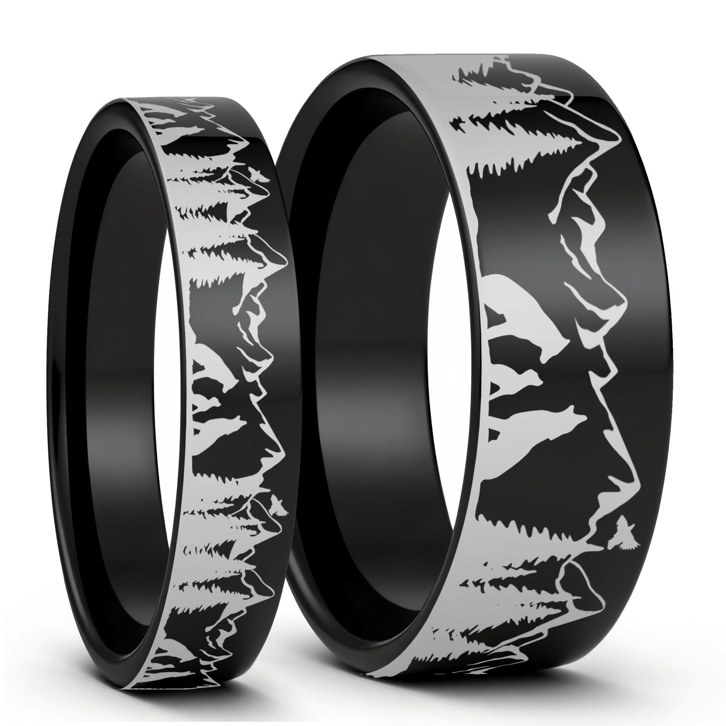 Wolf Landscape Scene Black Tungsten Couple's Matching Wedding Band Set