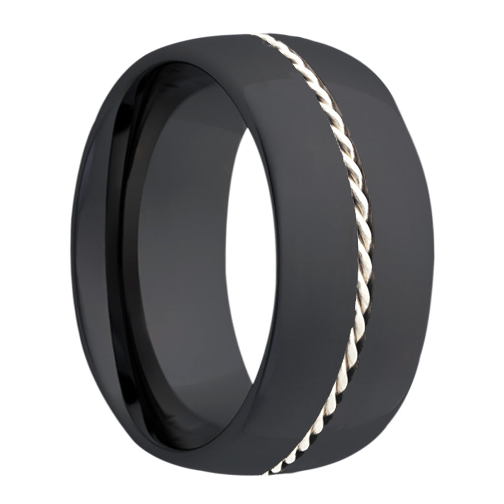 Woven Platinum Inlay Domed Zirconium Wedding Band