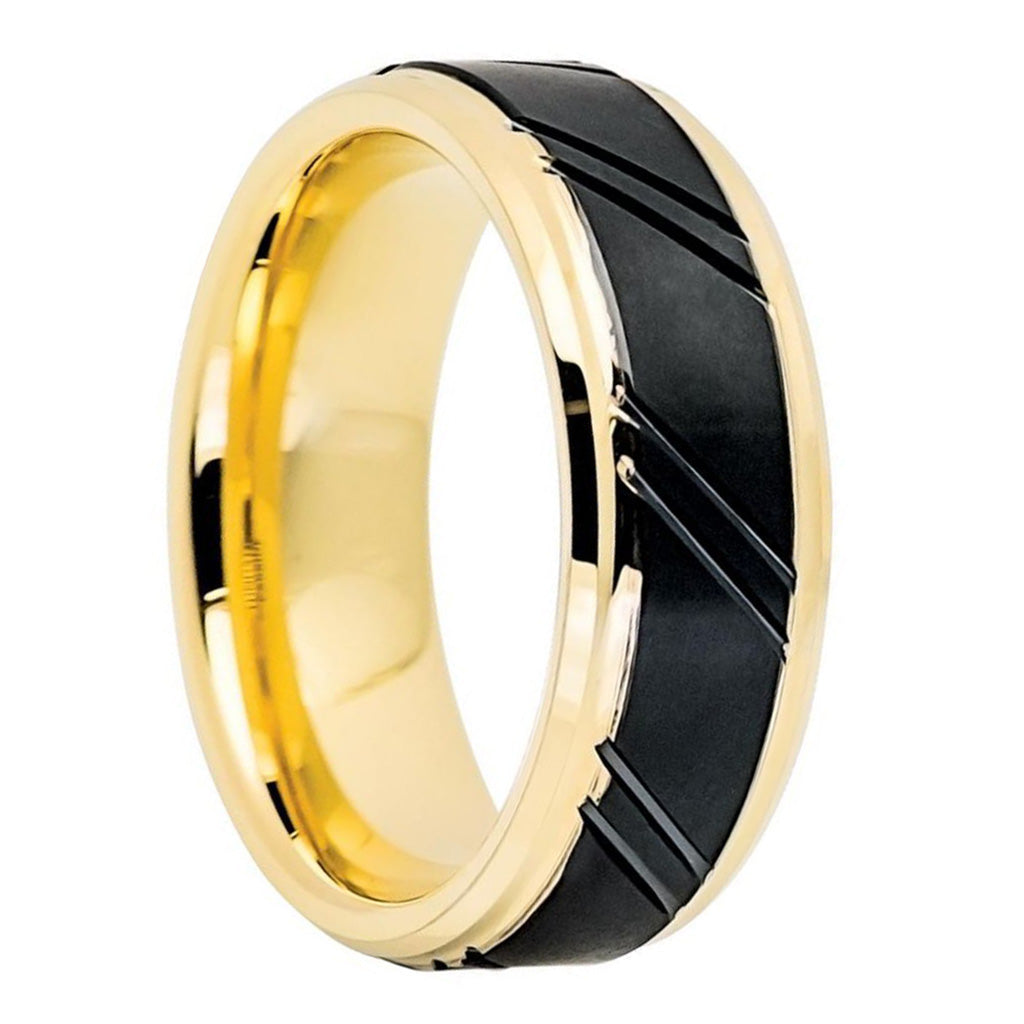 Gold and black ring on a white background