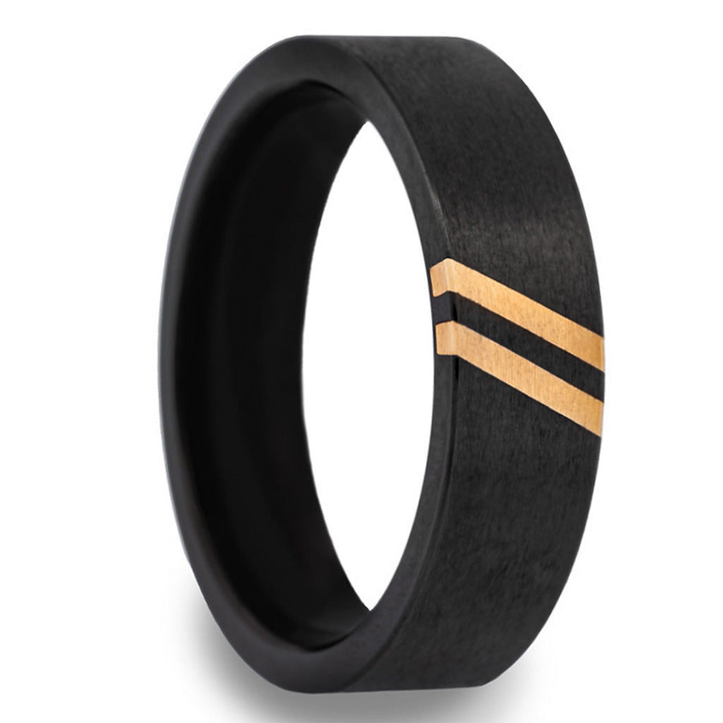Zirconium Wedding Band with Dual 14k Gold Diagonal Grooves