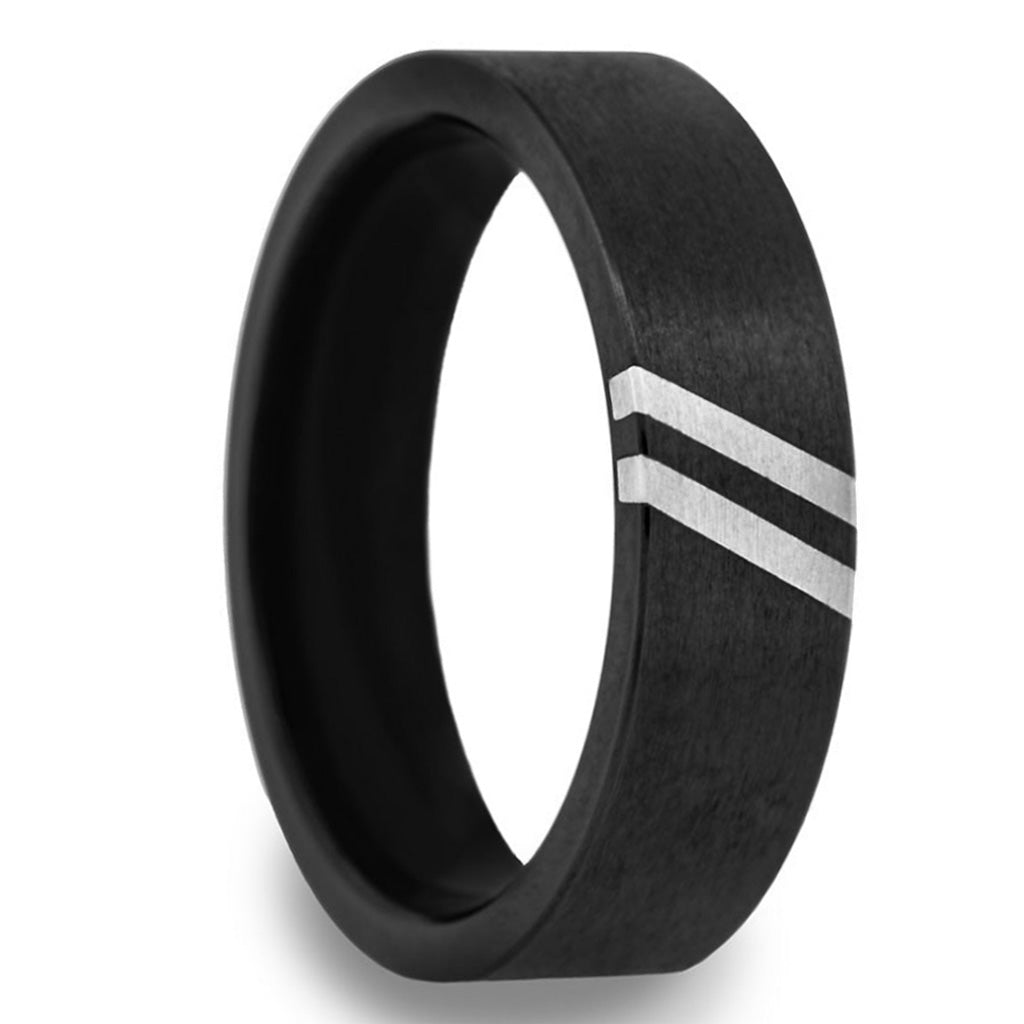 Alliance pour homme en tungstène noir avec rainure asymétrique en or rose