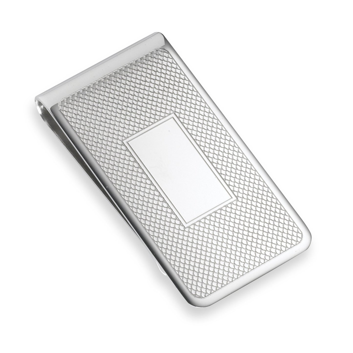 A sterling silver textured money clip displayed on a neutral white background.
