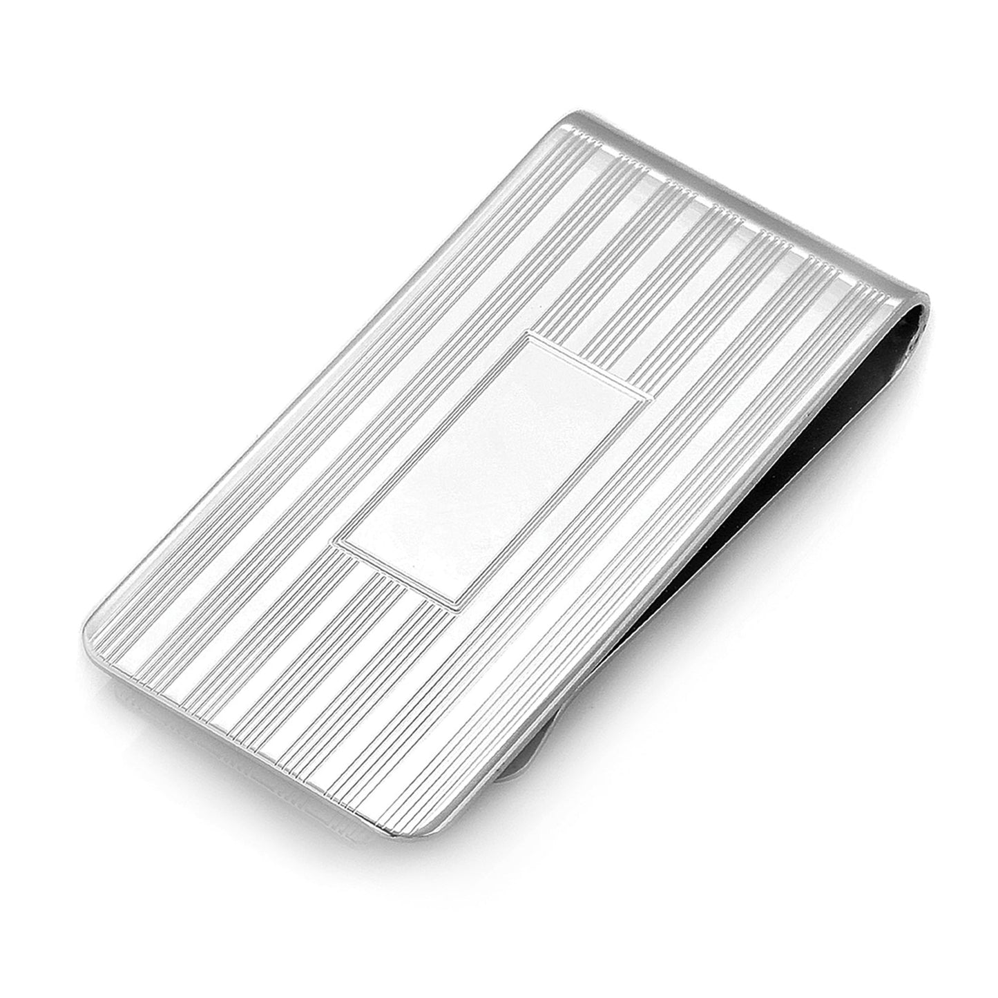 A sterling silver engine-turned money clip displayed on a neutral white background.