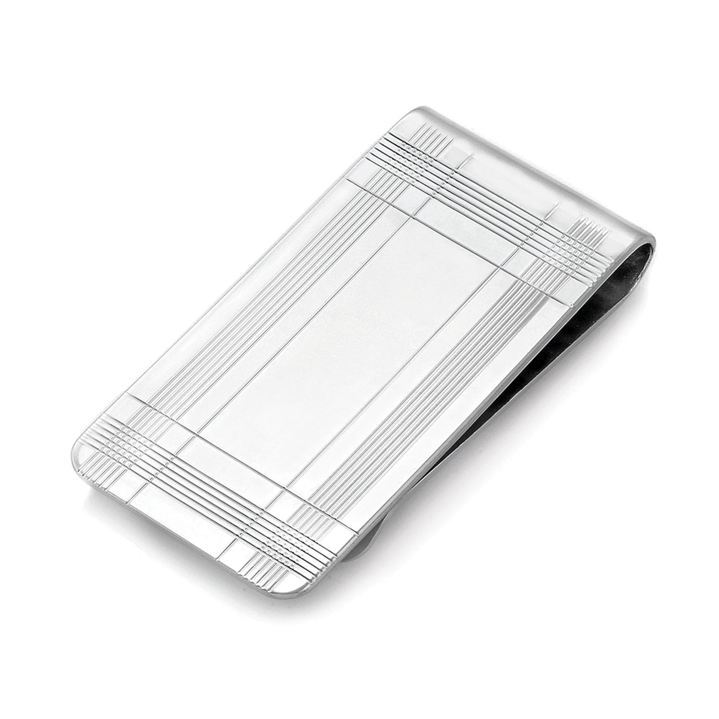 A sterling silver plaid pattern money clip displayed on a neutral white background.