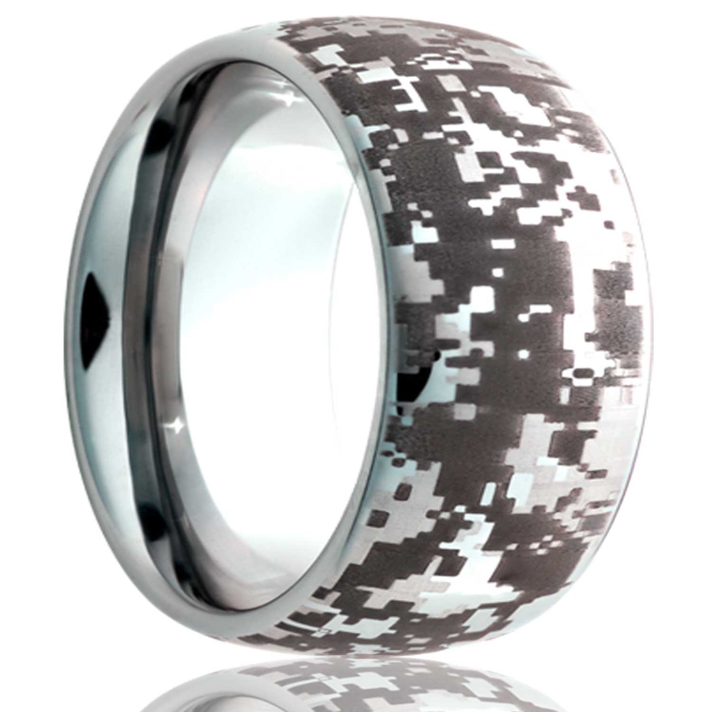 A digital camo domed tungsten wedding band displayed on a neutral white background.