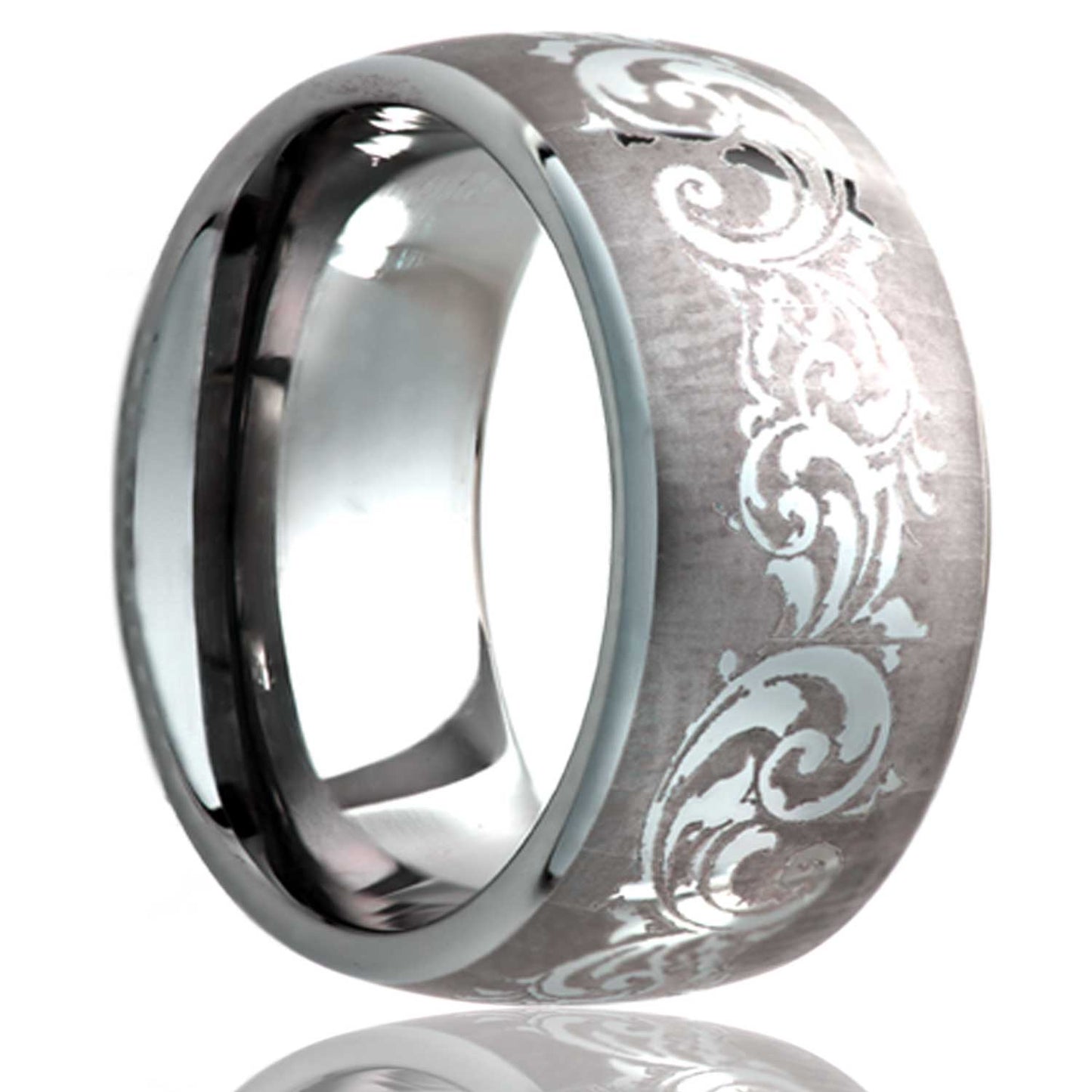 A swirl pattern domed tungsten wedding band displayed on a neutral white background.