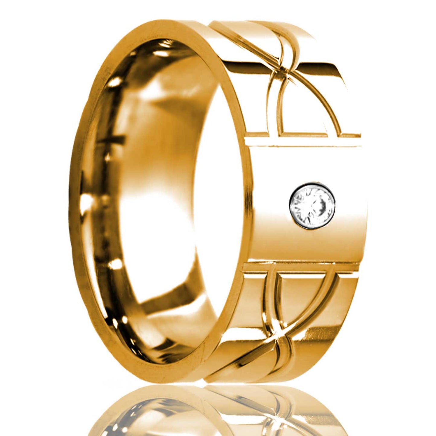 A 14k gold wedding band with infinity wave grooves & diamond displayed on a neutral white background.