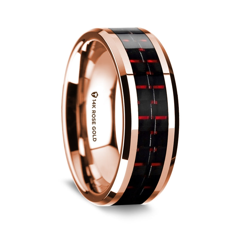 Rose Gold Men's Ring with Black Red Carbon Fiber Inlay