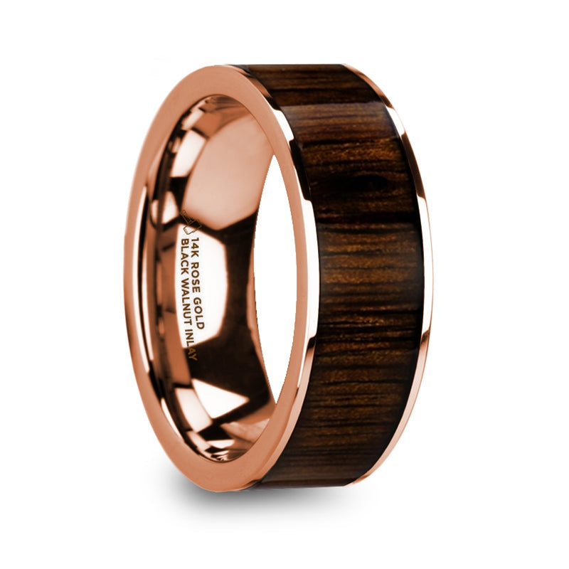 14k Rose Gold Men's Wedding Band with Black Walnut Wood Inlay