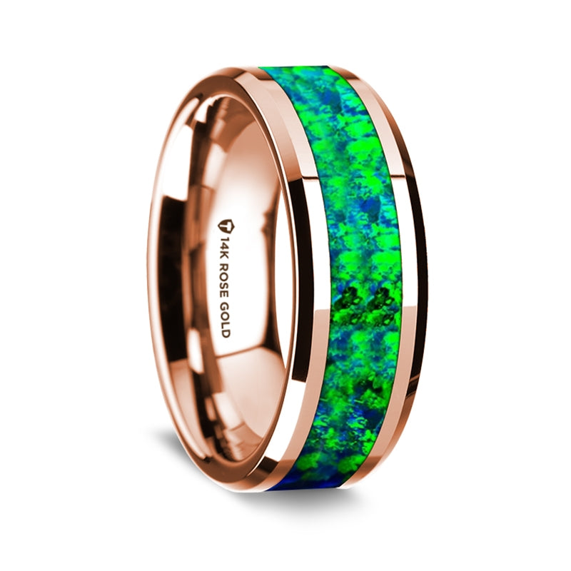 Rose Gold Men's Ring with Blue Green Opal Inlay