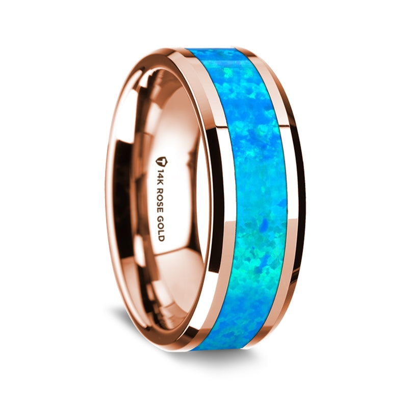 14k Rose Gold Men's Wedding Band with Blue Opal Inlay