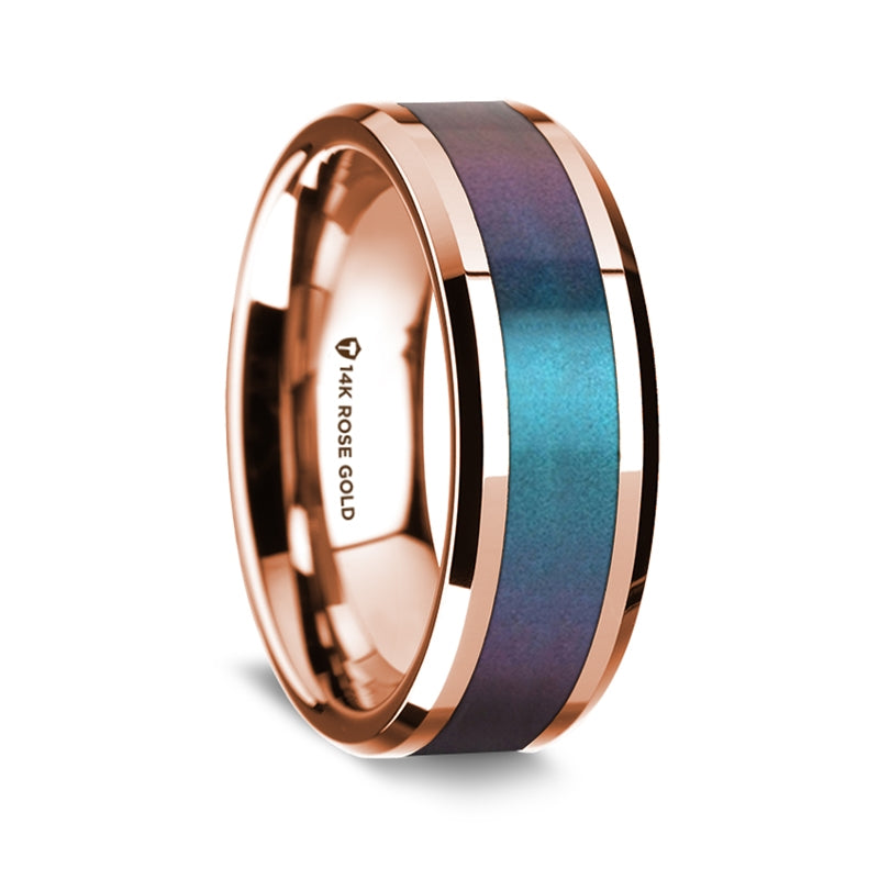 14k Rose Gold Men's Wedding Band with Blue & Purple Color Changing Inlay