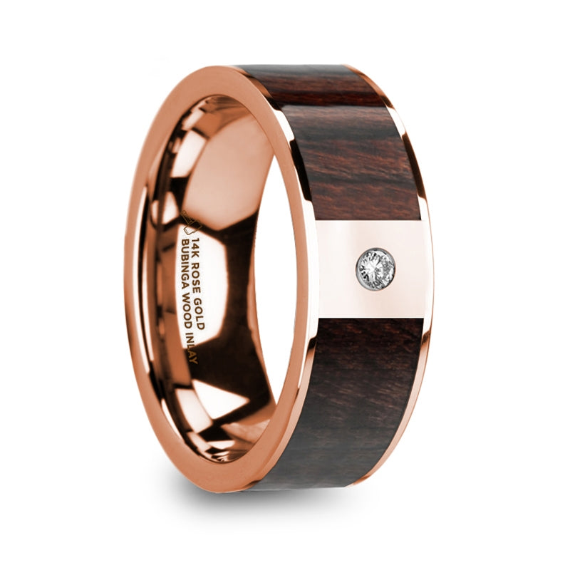 14k Rose Gold Men's Wedding Band with Bubinga Wood Inlay & Diamond
