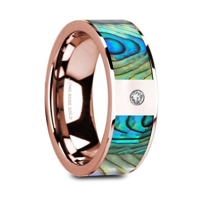 14k Rose Gold Men's Wedding Band with Mother of Pearl Inlay & Diamond