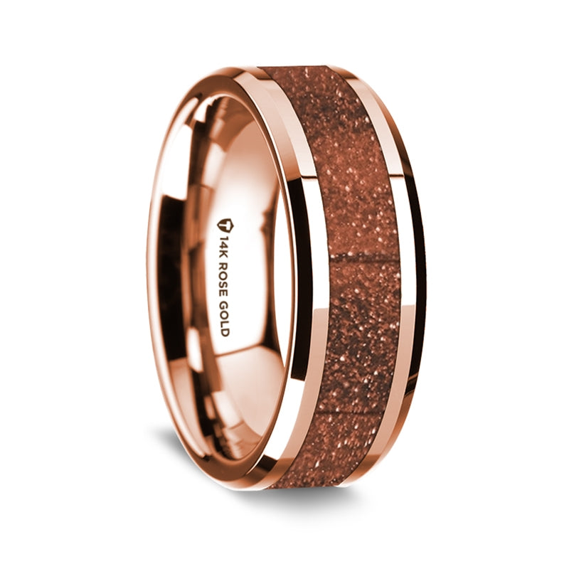 14k Rose Gold Men's Wedding Band with Orange Goldstone Inlay