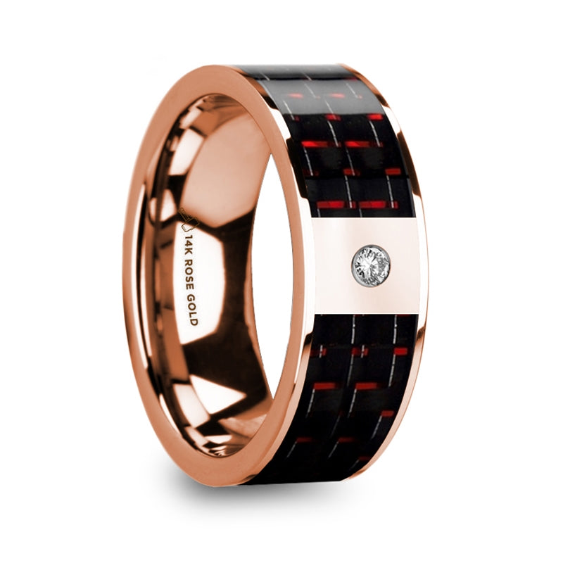 14k Rose Gold Men's Wedding Band with Red & Black Carbon Fiber Inlay and Diamond