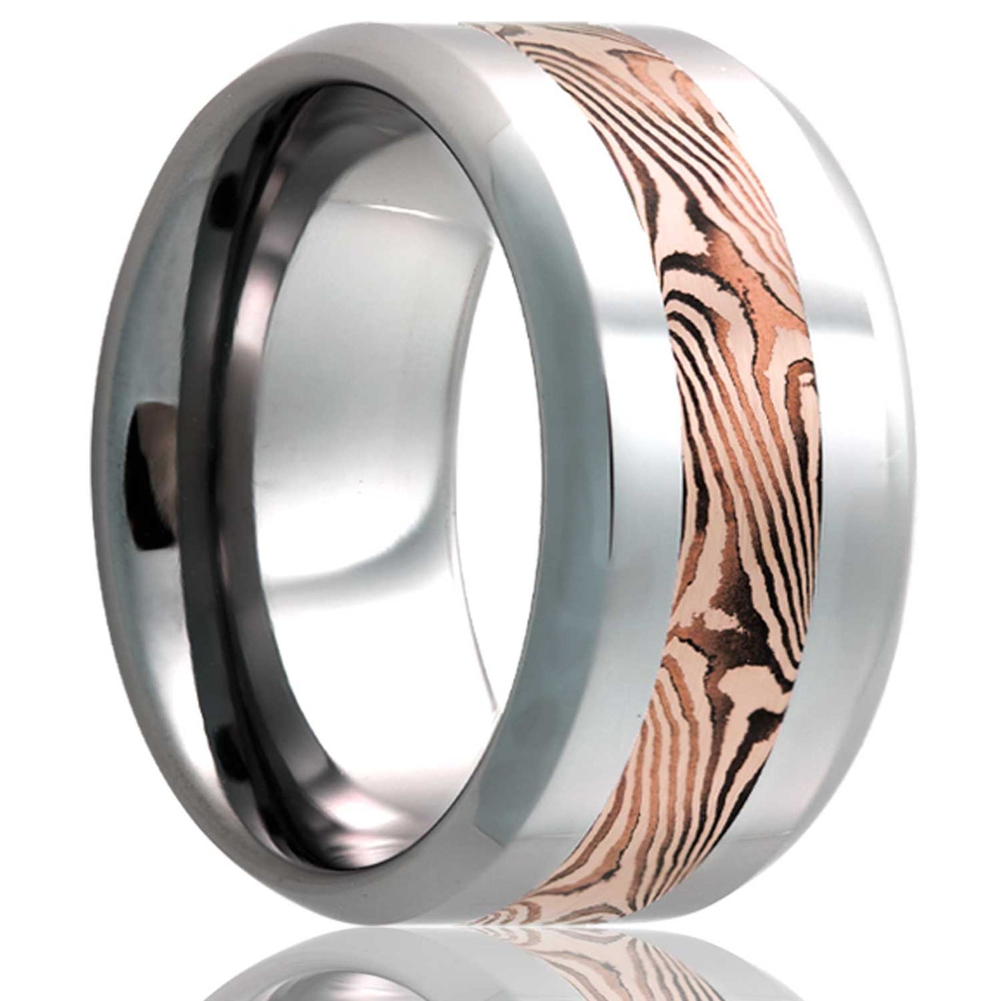 14k Rose Gold & Shakudo Mokume Gane Inlay Cobalt Wedding Band with Beveled Edges