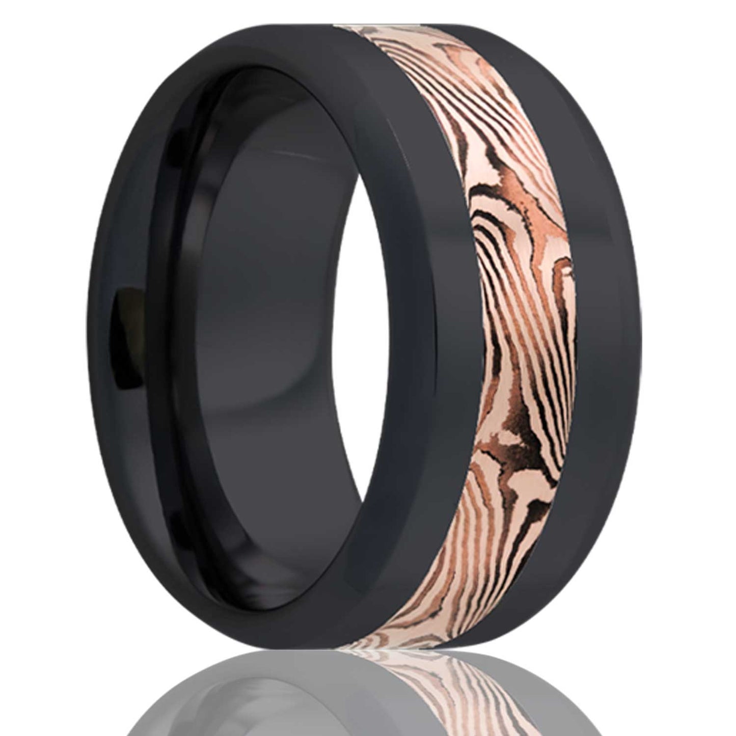14k Rose Gold & Shakudo Mokume Gane Inlay Zirconium Wedding Band with Beveled Edges