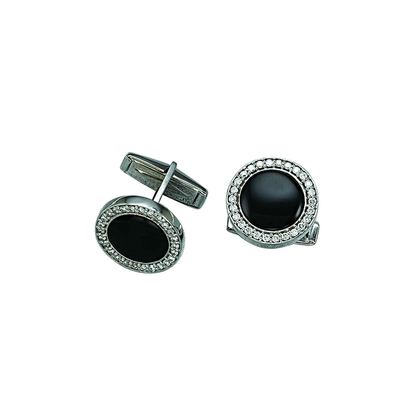 A 14k white gold black onyx & diamond cufflinks with .8ctw diamonds displayed on a neutral white background.