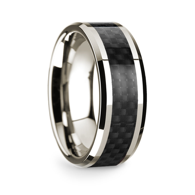 14k White Gold Men's Wedding Band with Black Carbon Fiber Inlay