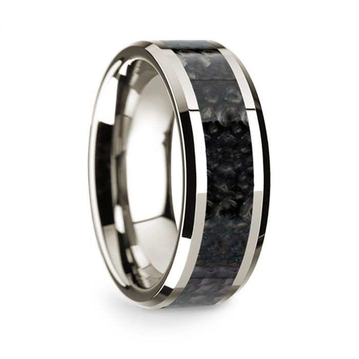 14k White Gold Men's Wedding Band with Blue Dinosaur Bone Inlay