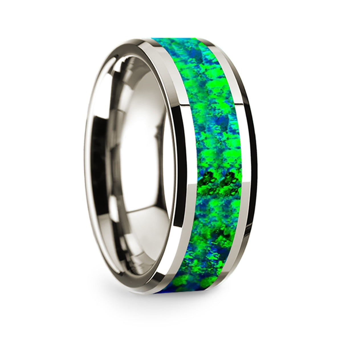 White Gold Men's Ring with Blue and Green Opal Inlay