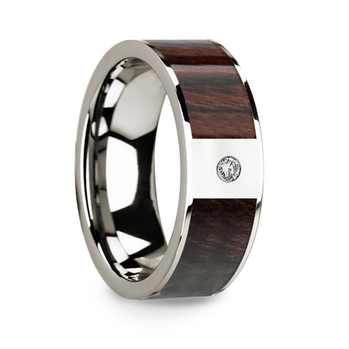 14k White Gold Men's Wedding Band with Bubinga Wood Inlay & Diamond