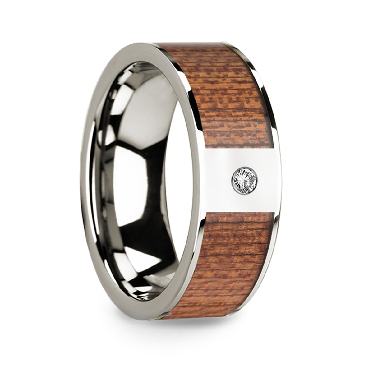 14k White Gold Men's Wedding Band with Cherry Wood Inlay & Diamond