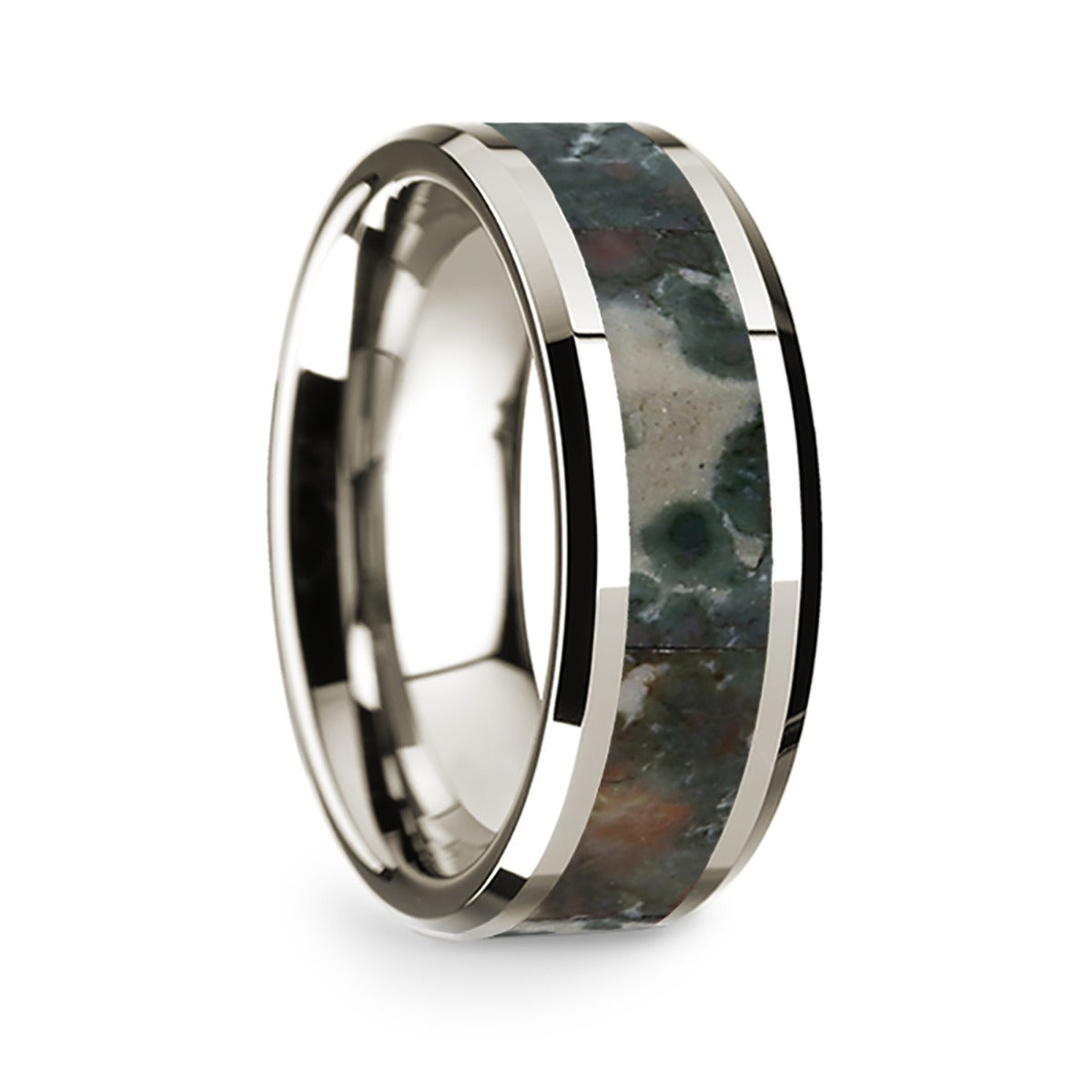 14k White Gold Men's Wedding Band with Coprolite Inlay