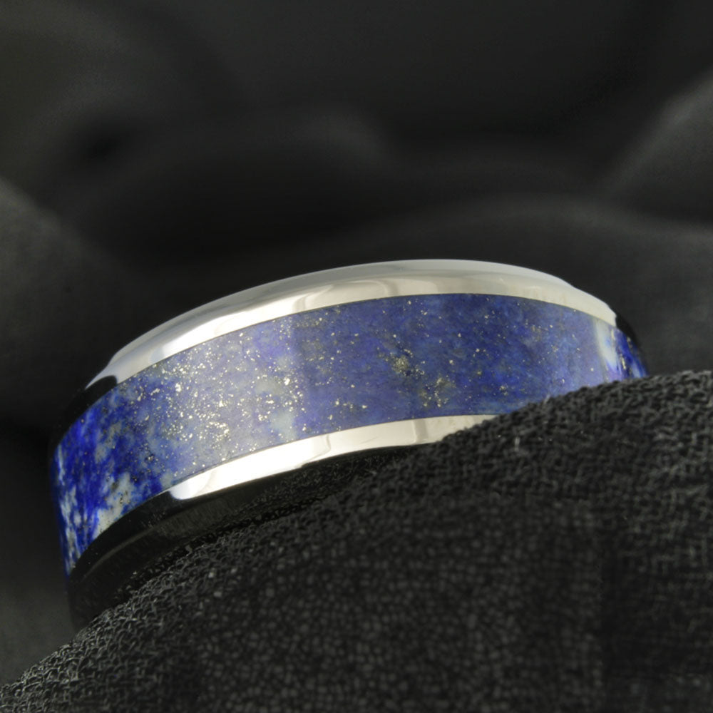 14k White Gold Men's Wedding Band with Lapis Lazuli Inlay