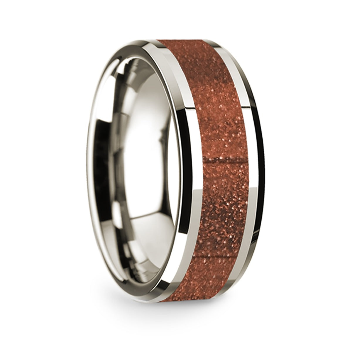 14k White Gold Men's Wedding Band with Orange Goldstone Inlay