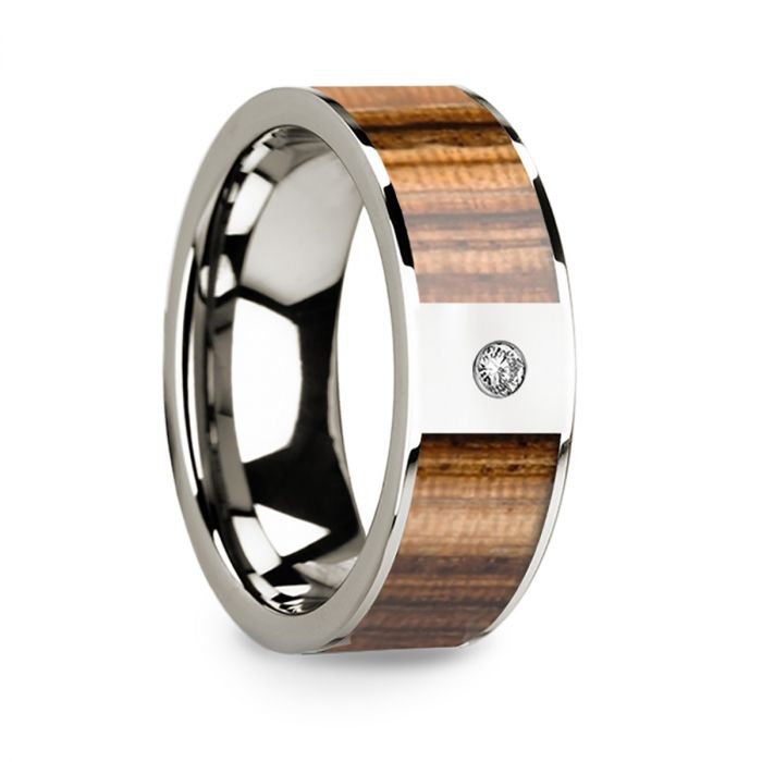 14k White Gold Men's Wedding Band with Zebra Wood Inlay & Diamond