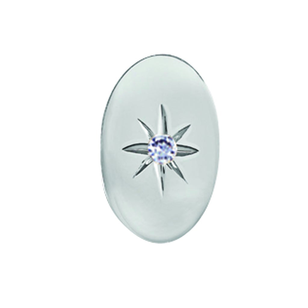 A 14k white gold oval polished tie tack with .04ctw diamonds displayed on a neutral white background.