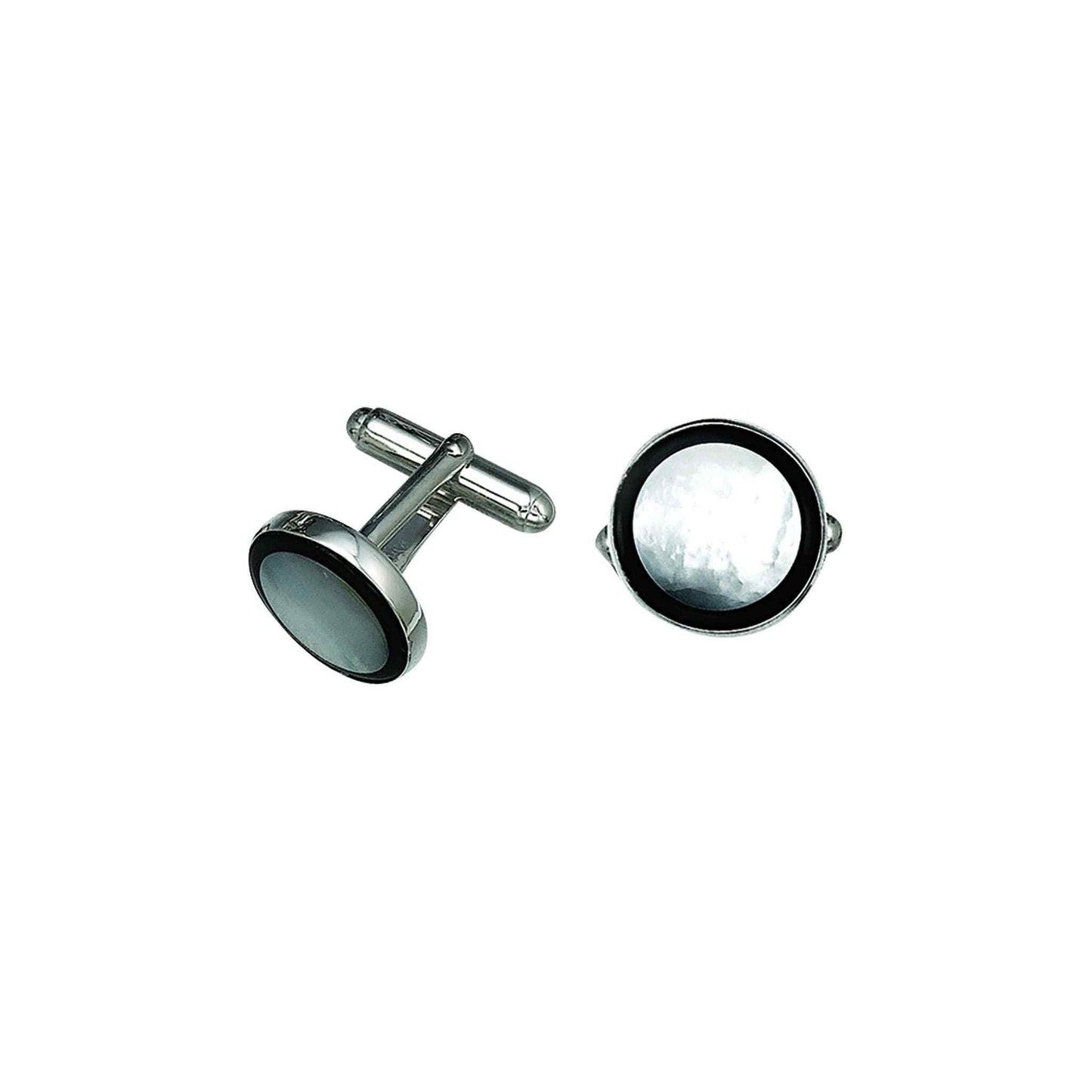 A 14k white gold round mother of pearl & onyx trim cufflinks displayed on a neutral white background.
