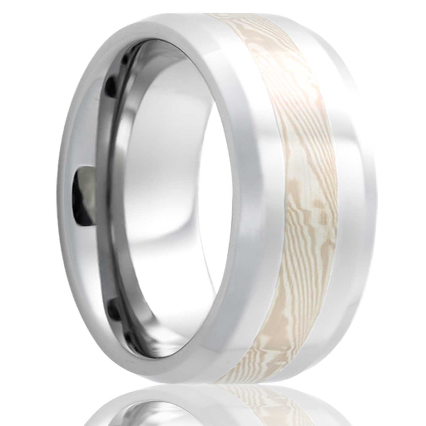 14k White Gold & Silver Mokume Gane Inlay Cobalt Wedding Band with Beveled Edges