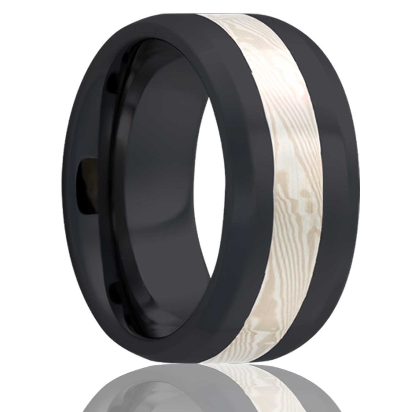 14k White Gold & Silver Mokume Gane Inlay Zirconium Wedding Band with Beveled Edges