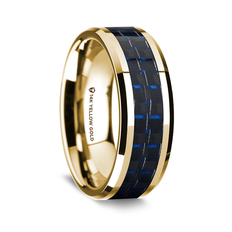 14k Yellow Gold Men's Wedding Band with Black & Dark Blue Carbon Fiber Inlay